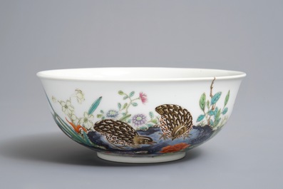 A Chinese famille rose 'quails' bowl, Yongzheng mark, 20th C.