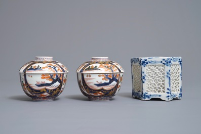 A pair of Japanese covered bowls on stands, a covered vase and a reticulated incense burner, Edo/Meiji, 18/19th C.