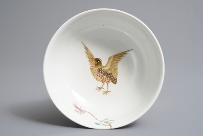 A Chinese famille rose 'quails' bowl, Yongzheng mark, 20th C.