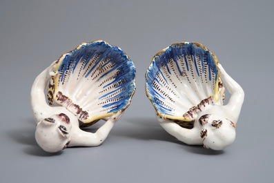 A pair of polychrome Brussels faience monkey-shaped salts, 18th C.