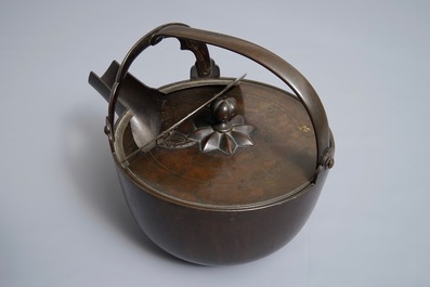 Two Japanese cast iron and bronze tetsubin kettles, Meiji, 19th C.
