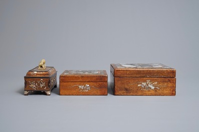 Three Chinese wooden boxes with mother of pearl inlay, 19th C.