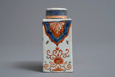 A polychrome Dutch Delft petit feu and dor&eacute; tea caddy, 18th C.
