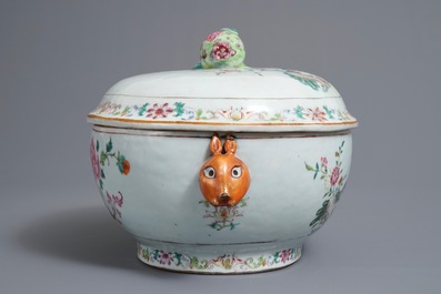 A Chinese famille rose 'double peacock' tureen and cover, Qianlong