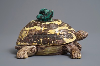 A polychrome Brussels faience box and cover in the shape of a turtle, 18th C.