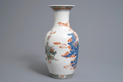 A Chinese famille verte vase and a famille rose bowl, 19th C.