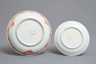 Two Chinese famille rose and verte-Imari cups and saucers, Kangxi/Qianlong