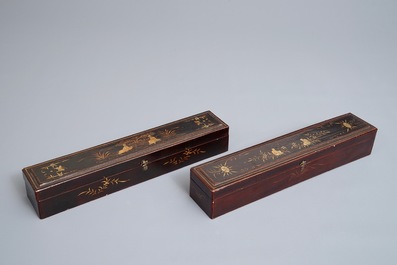 Two Chinese lacquer and painted paper fans with original boxes, Canton, 19th C.