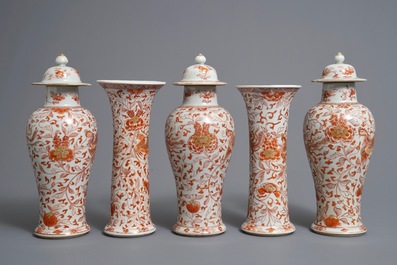 A Chinese 'milk and blood' five-piece garniture with phoenixes, Kangxi