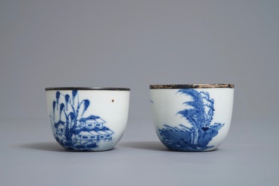 A pair of Chinese blue and white 'Bleu de Hue' Vietnamese market cups and saucers, Neifu marks, 19/20th C.