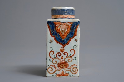 A polychrome Dutch Delft petit feu and dor&eacute; tea caddy, 18th C.