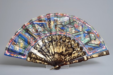 Two Chinese lacquer and painted paper fans with original boxes, Canton, 19th C.