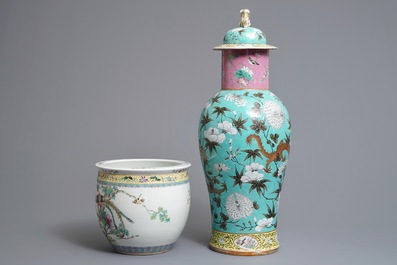 A Chinese famille rose 'dragon' vase and cover and a jardini&egrave;re, 19/20th C.