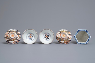 A pair of Japanese covered bowls on stands, a covered vase and a reticulated incense burner, Edo/Meiji, 18/19th C.