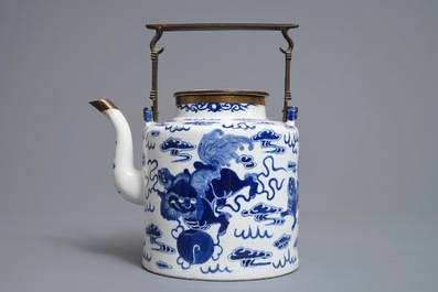 A Chinese blue and white Bencharong style teapot for the Thai market, 19th C.