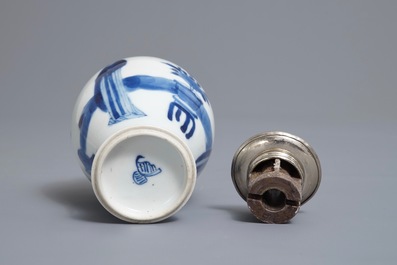 A Chinese 'milk and blood' dish, a blue and white klapmuts bowl and a tea caddy, Kangxi