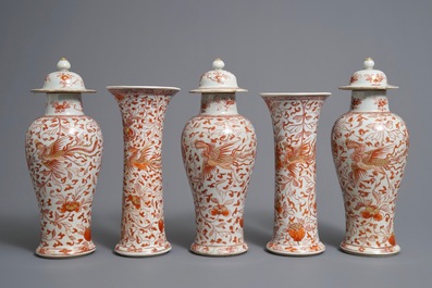 A Chinese 'milk and blood' five-piece garniture with phoenixes, Kangxi