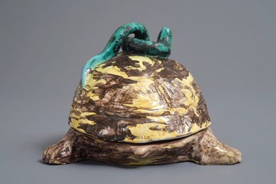 A polychrome Brussels faience box and cover in the shape of a turtle, 18th C.