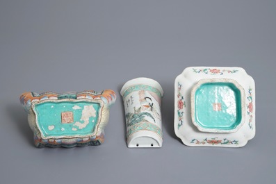 Two Chinese famille rose bowls and a wall hanging vase, 19th C.