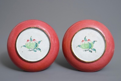 A pair of Chinese Canton enamel ruby back plates with Magu, Yongzheng