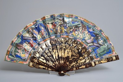 Two Chinese lacquer and painted paper fans with original boxes, Canton, 19th C.