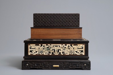 A Chinese bone and mother of pearl inlaid wood box with multiple compartments, 19th C.