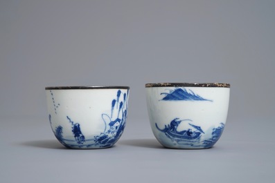 A pair of Chinese blue and white 'Bleu de Hue' Vietnamese market cups and saucers, Neifu marks, 19/20th C.