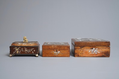 Three Chinese wooden boxes with mother of pearl inlay, 19th C.