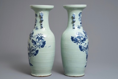 A pair of Chinese blue and white celadon ground vases with dragons and phoenixes, 19th C.