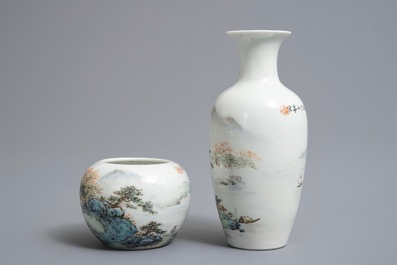 Trois pi&egrave;ces en porcelaine de Chine qianjiang cai &agrave; inscription de Wang Ye Ting, 20&egrave;me