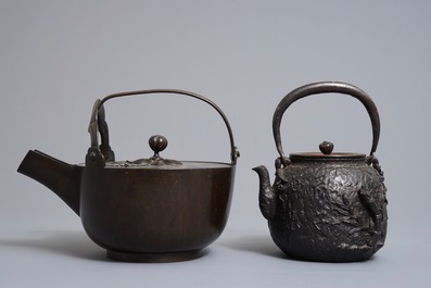 Two Japanese cast iron and bronze tetsubin kettles, Meiji, 19th C.