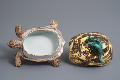 A polychrome Brussels faience box and cover in the shape of a turtle, 18th C.