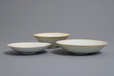 Two Chinese qingbai bowls and a plate with underglaze design, Song