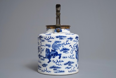 A Chinese blue and white Bencharong style teapot for the Thai market, 19th C.