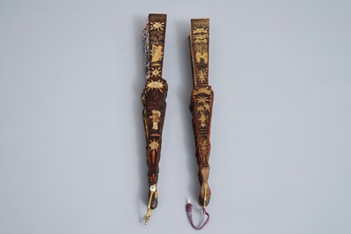 Two Chinese lacquer and painted paper fans with original boxes, Canton, 19th C.