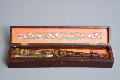 Two Chinese lacquer and painted paper fans with original boxes, Canton, 19th C.