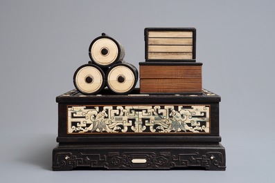 A Chinese bone and mother of pearl inlaid wood box with multiple compartments, 19th C.