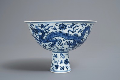 A Chinese blue and white 'dragon' stem cup, Xuande mark, 19/20th C.