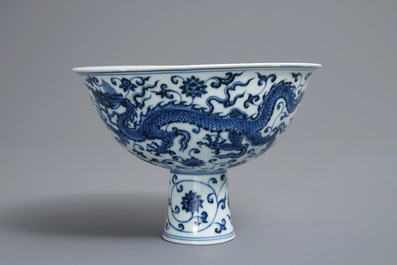 A Chinese blue and white 'dragon' stem cup, Xuande mark, 19/20th C.