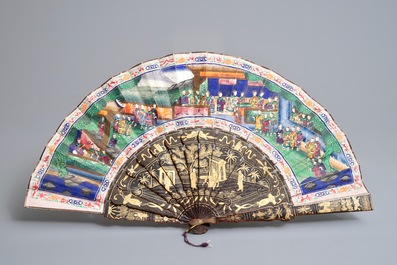 Two Chinese lacquer and painted paper fans with original boxes, Canton, 19th C.