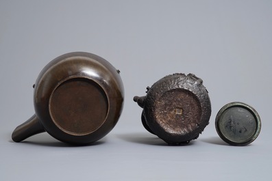 Two Japanese cast iron and bronze tetsubin kettles, Meiji, 19th C.