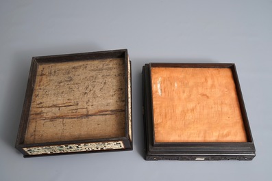 A Chinese bone and mother of pearl inlaid wood box with multiple compartments, 19th C.