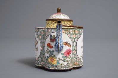 A Chinese Canton enamel teapot and cover with insects, birds and flowers, Qianlong