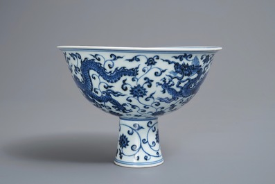 A Chinese blue and white 'dragon' stem cup, Xuande mark, 19/20th C.
