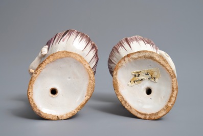 A pair of polychrome Brussels faience monkey-shaped salts, 18th C.