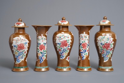 A Chinese capucin ground famille rose five-piece garniture with floral design, Qianlong