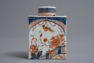 A polychrome Dutch Delft petit feu and dor&eacute; tea caddy, 18th C.