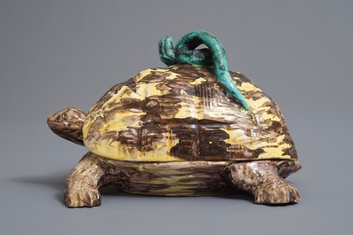 A polychrome Brussels faience box and cover in the shape of a turtle, 18th C.