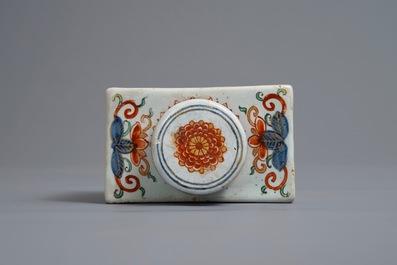 A polychrome Dutch Delft petit feu and dor&eacute; tea caddy, 18th C.