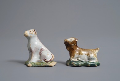 Twee polychrome Delftse miniaturen van een hondje en een geit, 18e eeuw
